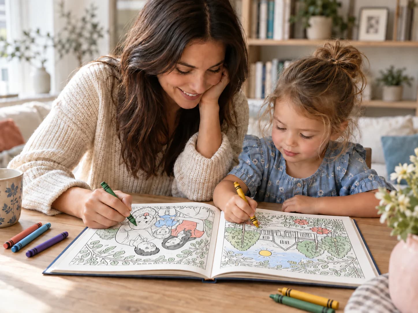 A parent and child coloring together in an open family keepsake book