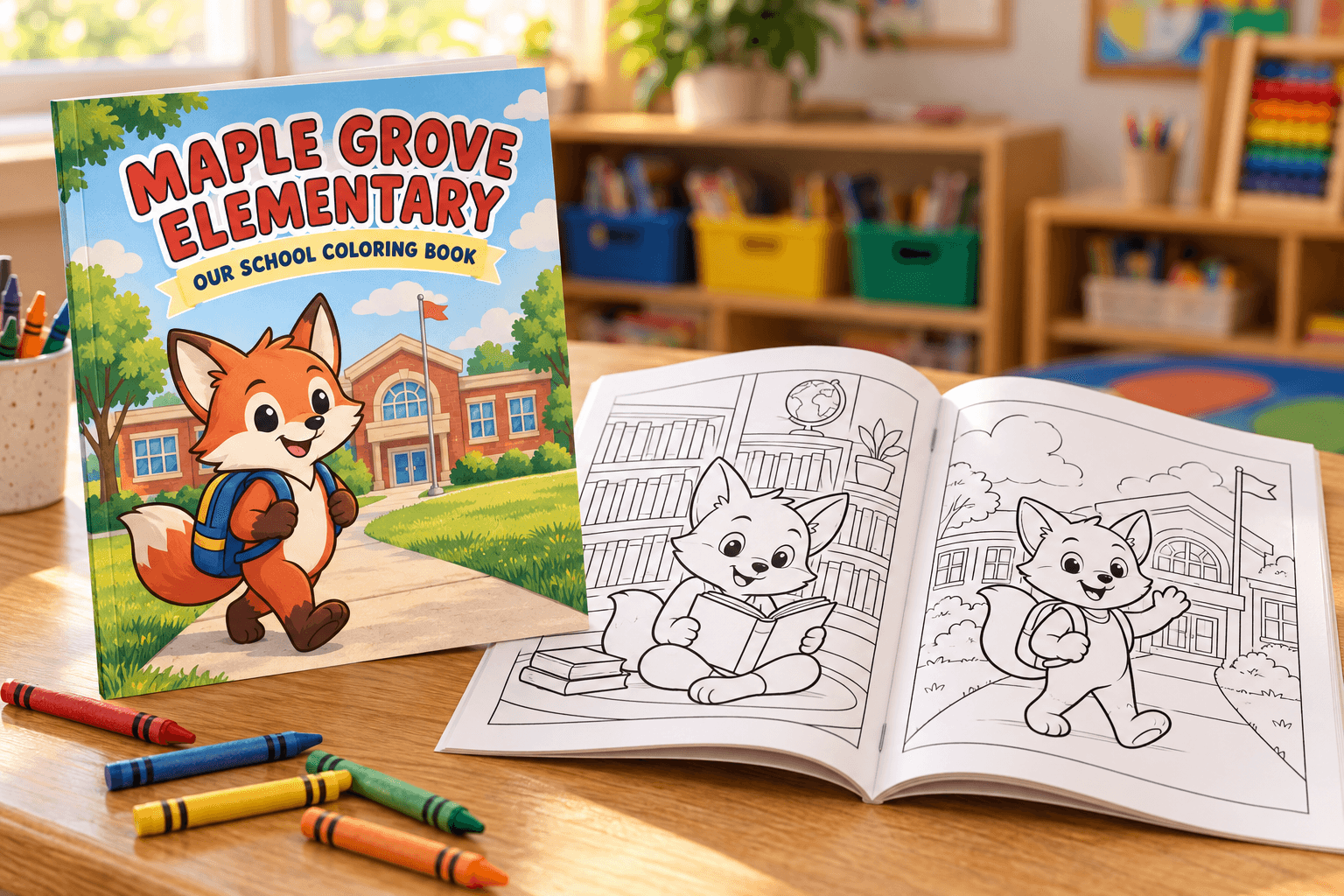 A custom elementary school coloring book shown beside an open spread of mascot coloring pages