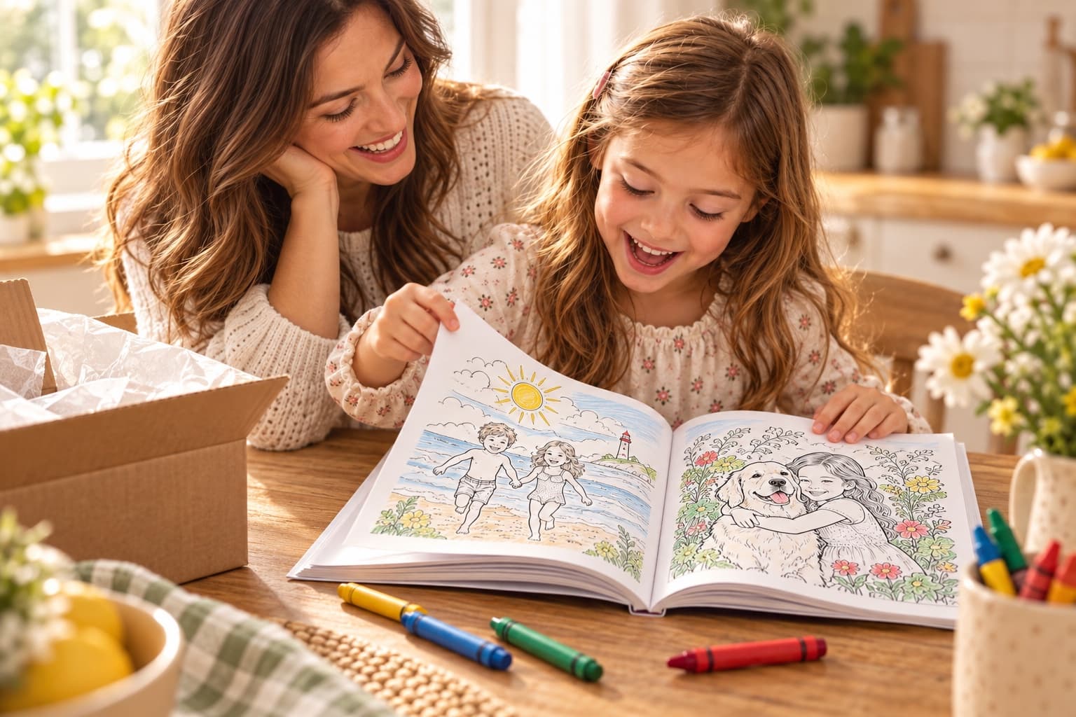 A child opening her finished coloring book with her parent